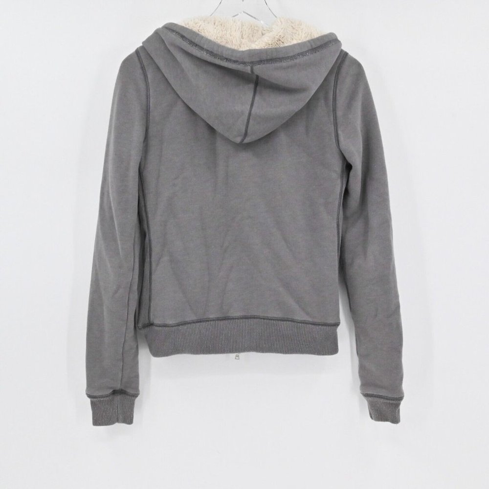 HOLLISTER Womens Gray Logo Applique Full Zip Hooded Jacket Sherpa Lined Size M - Picture 6 of 8